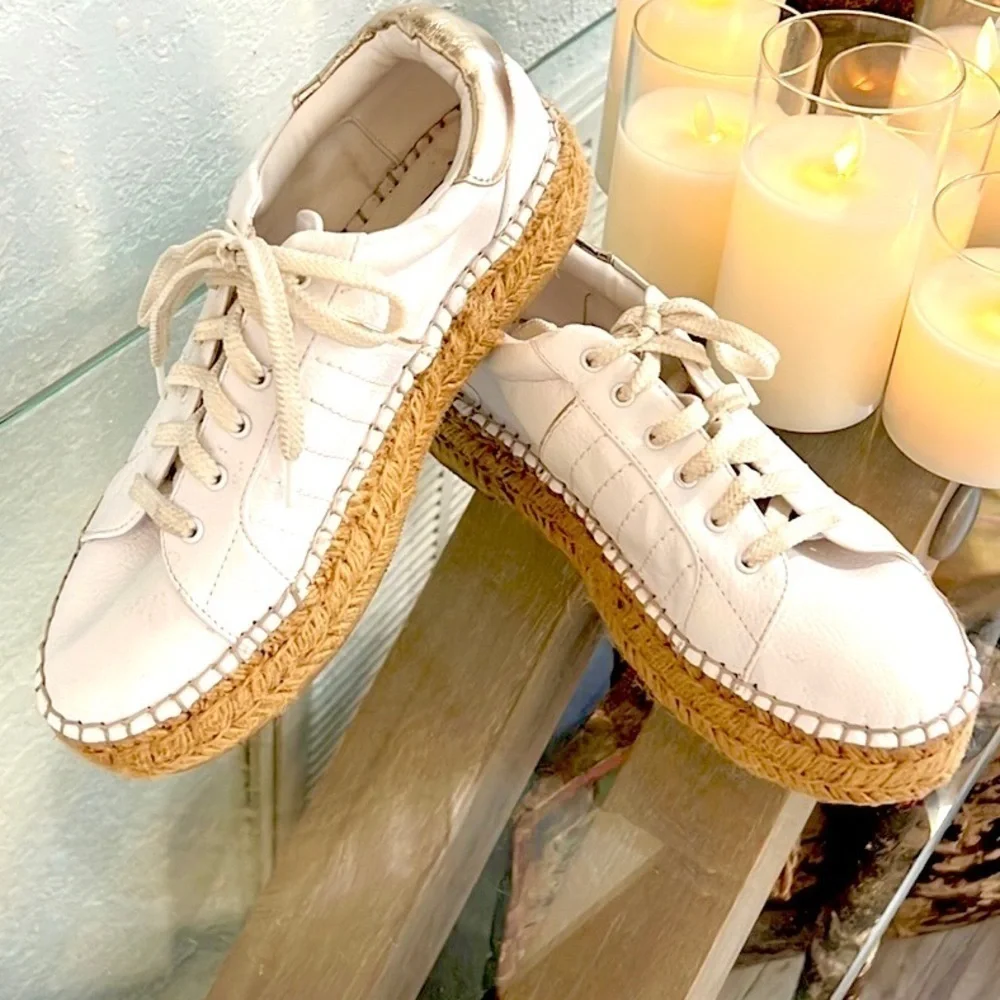 Steve Madden, PACE sneaker w/ espadrille platform, White leather w/Rose Gold